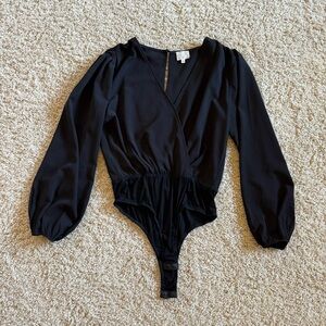 Dee Elly Black V Neck Wrap Front Sheer Bodysuit with Balloon Sleeves Sz M
